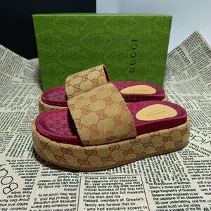 GUCCI Monogram Angelina Platform Sandals Slides